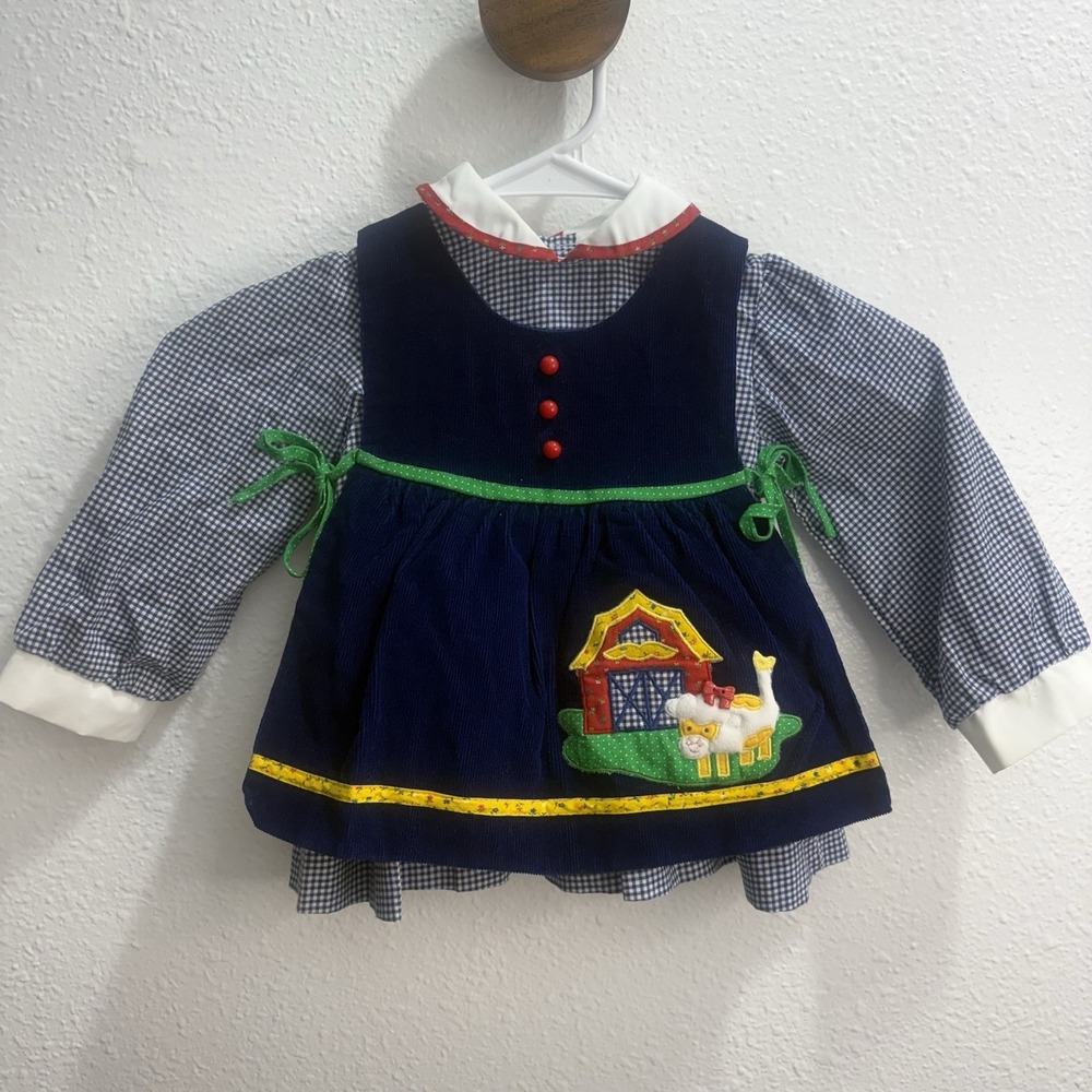Vintage 2 Piece Farm Gingham Dress Navy Corduroy Pinafore Baby Girl Dress 9-12M